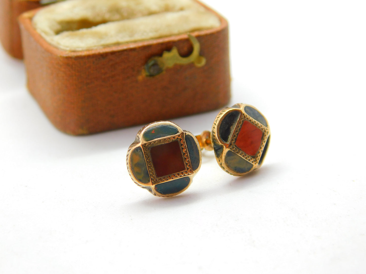 Victorian Scottish 9ct Gold, Bloodstone & Agate Floral Stud Earrings Antique