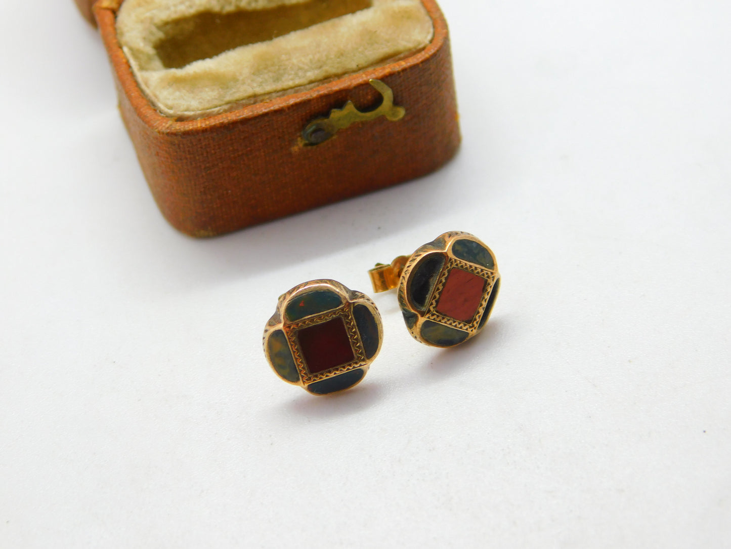 Victorian Scottish 9ct Gold, Bloodstone & Agate Floral Stud Earrings Antique