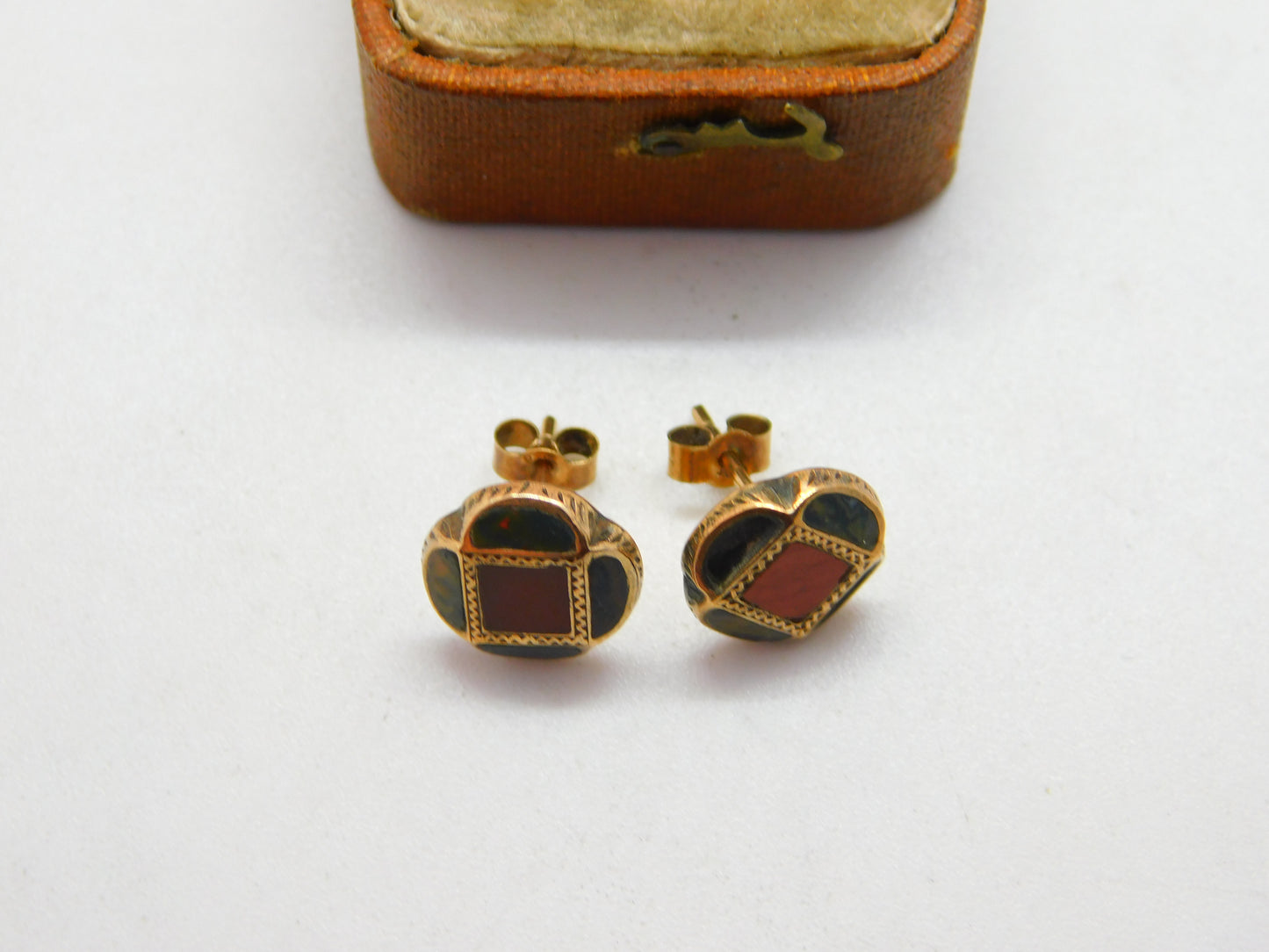 Victorian Scottish 9ct Gold, Bloodstone & Agate Floral Stud Earrings Antique