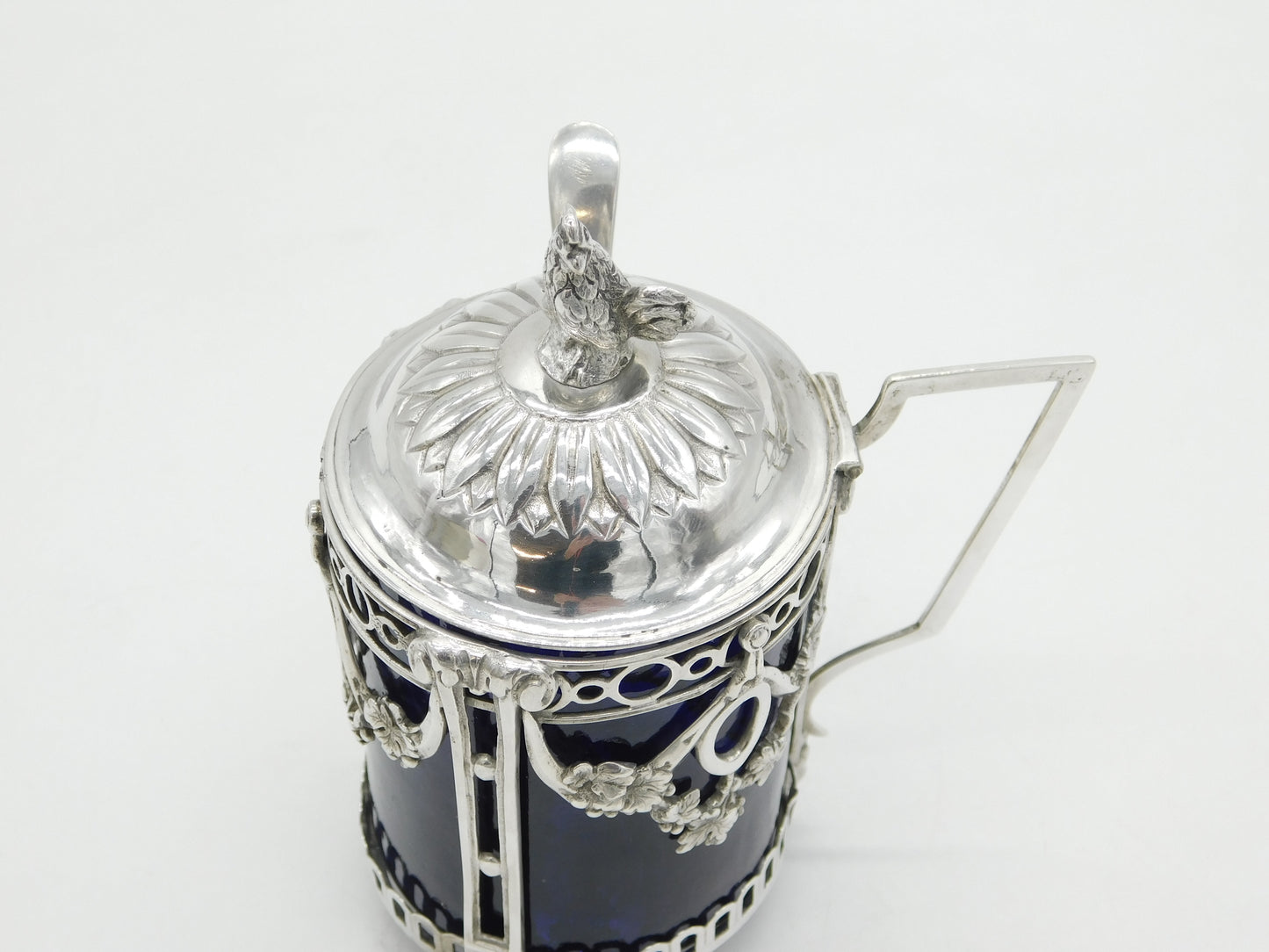 19th Century German Sterling Silver Chicken Finial Mustard Pot Antique c1880