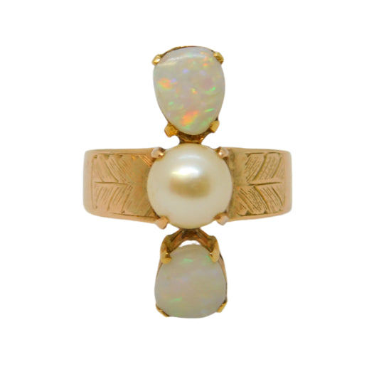 Victorian 15ct Yellow Gold, White Opal & Pearl Set Statement Ring Antique c1880