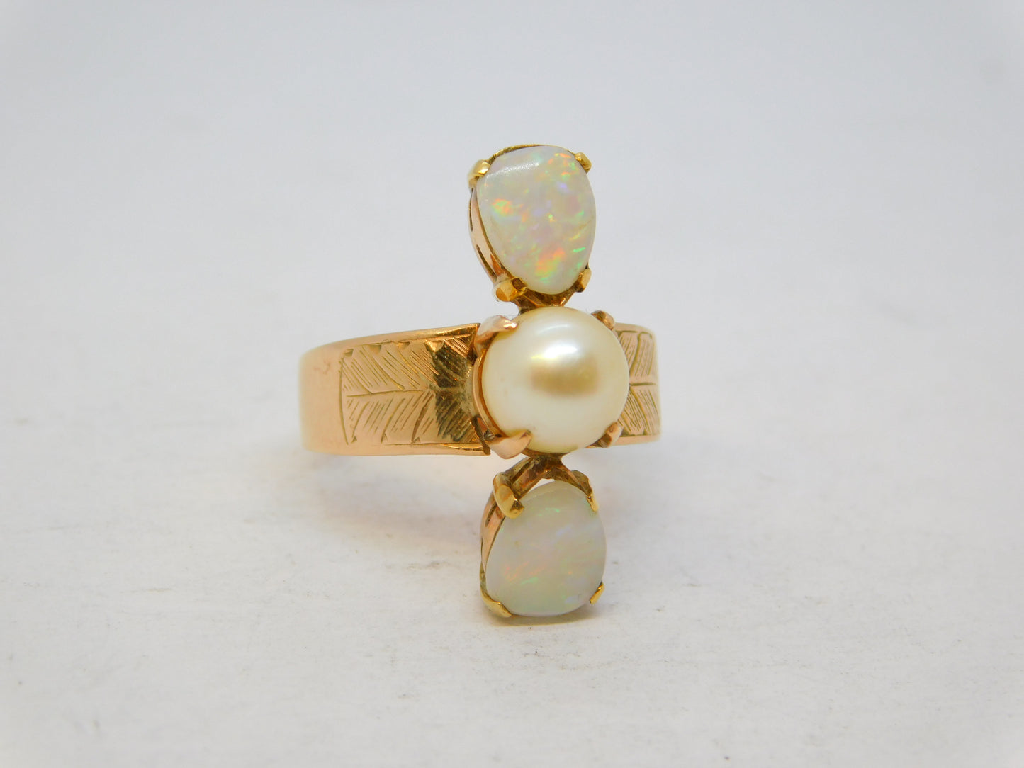 Victorian 15ct Yellow Gold, White Opal & Pearl Set Statement Ring Antique c1880