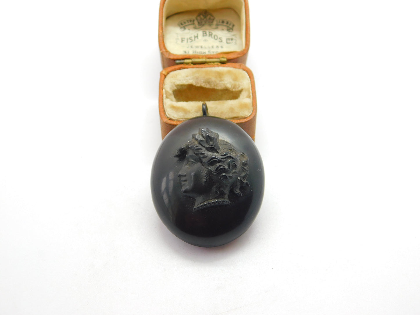 Victorian Carved Vulcanite Mourning Cameo Locket Pendant Antique c1880