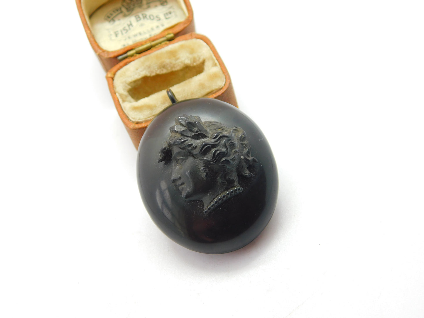 Victorian Carved Vulcanite Mourning Cameo Locket Pendant Antique c1880