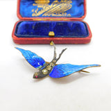 Gold on Sterling Silver, Blue Enamel Paste Set Swallow Brooch c1920 Antique