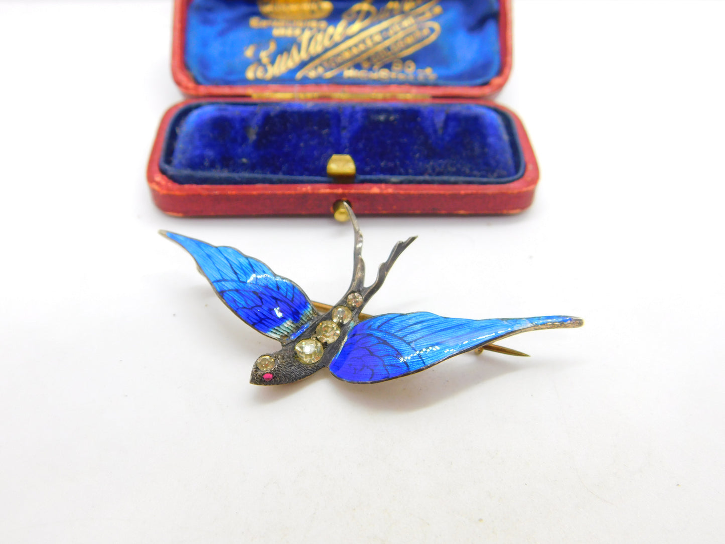 Gold on Sterling Silver, Blue Enamel Paste Set Swallow Brooch c1920 Antique