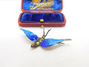 Gold on Sterling Silver, Blue Enamel Paste Set Swallow Brooch c1920 Antique