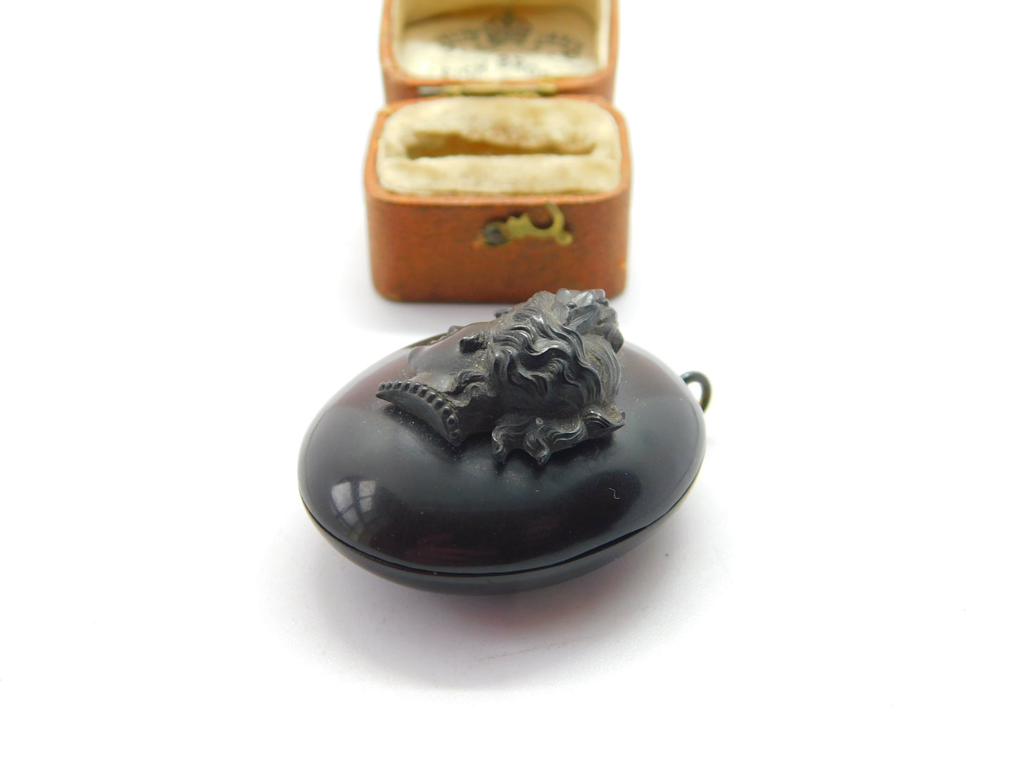 Victorian Carved Vulcanite Mourning Cameo Locket Pendant Antique c1880