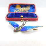 Gold on Sterling Silver, Blue Enamel Paste Set Swallow Brooch c1920 Antique