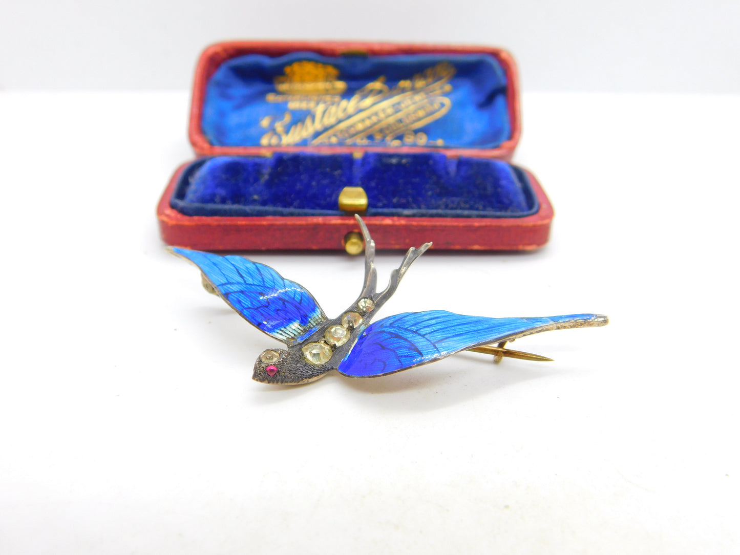 Gold on Sterling Silver, Blue Enamel Paste Set Swallow Brooch c1920 Antique