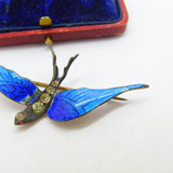 Gold on Sterling Silver, Blue Enamel Paste Set Swallow Brooch c1920 Antique