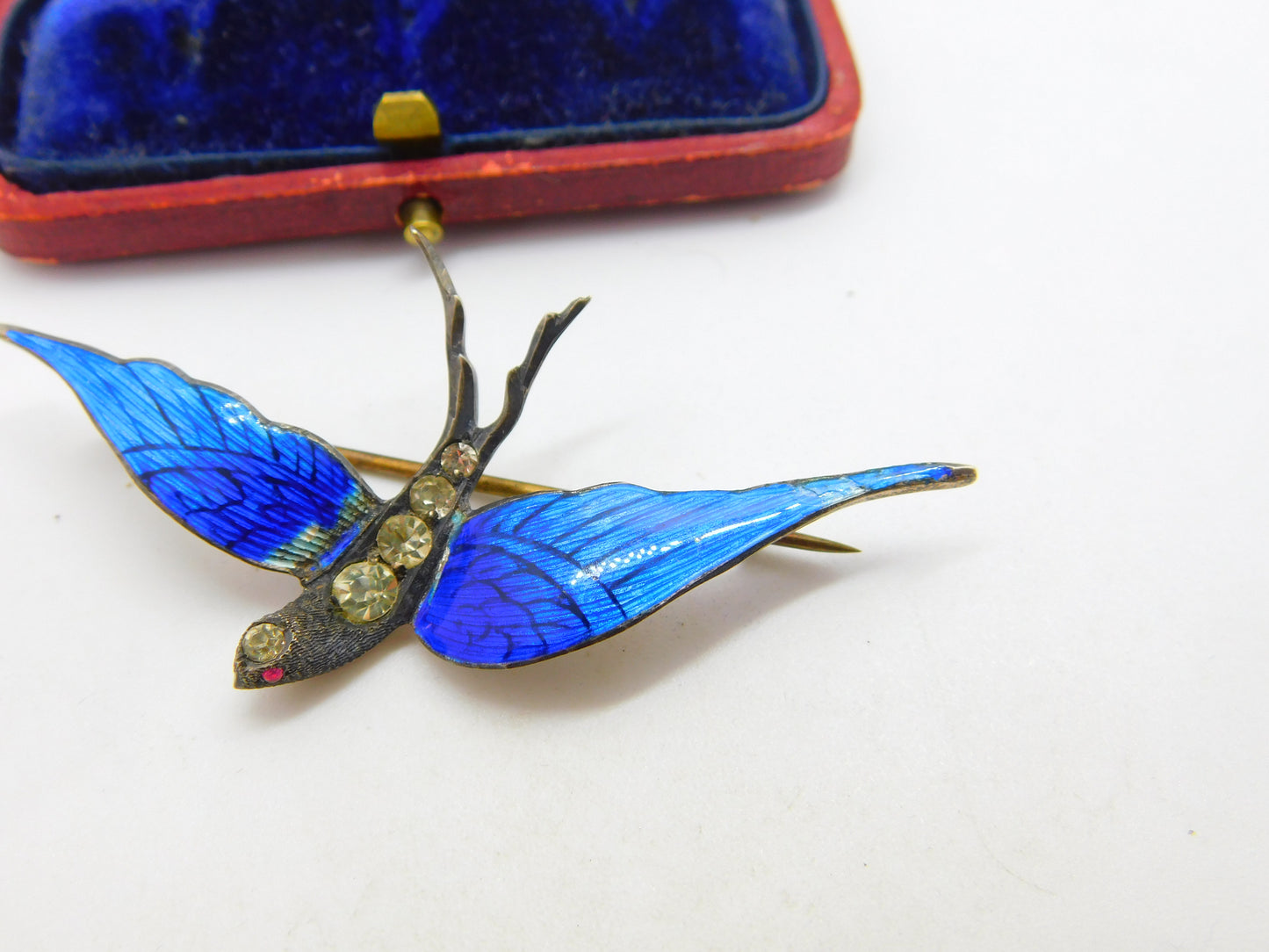 Gold on Sterling Silver, Blue Enamel Paste Set Swallow Brooch c1920 Antique