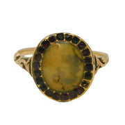 George III 15ct Yellow Gold, Moss Agate, Garnet Dress Ring Antique c1780