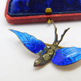 Gold on Sterling Silver, Blue Enamel Paste Set Swallow Brooch c1920 Antique