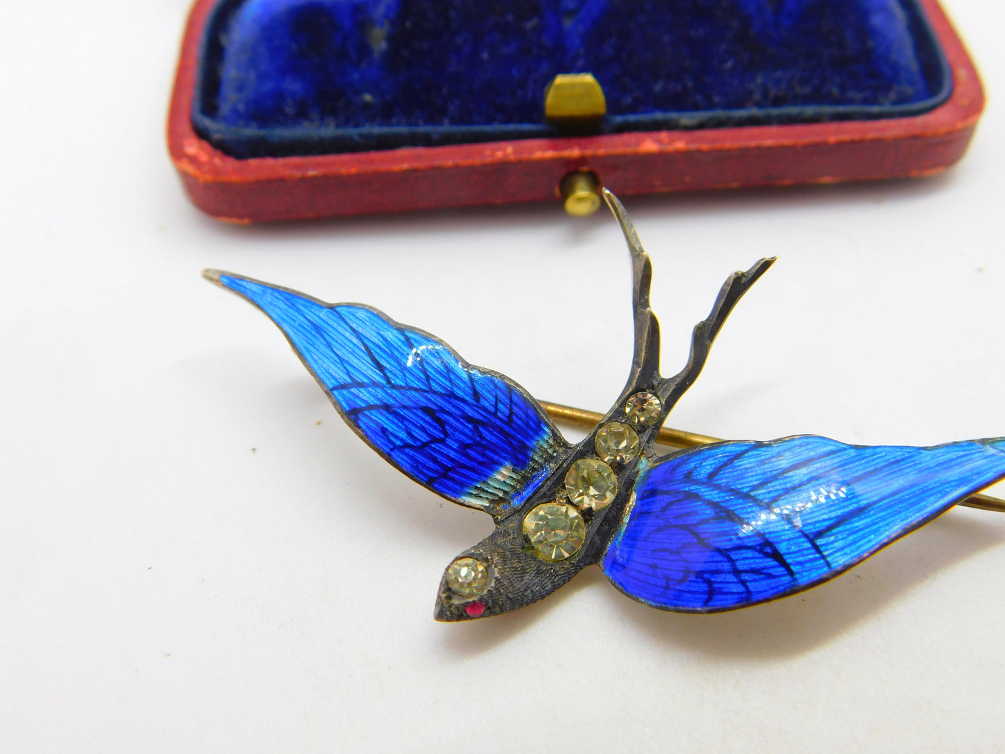 Gold on Sterling Silver, Blue Enamel Paste Set Swallow Brooch c1920 Antique