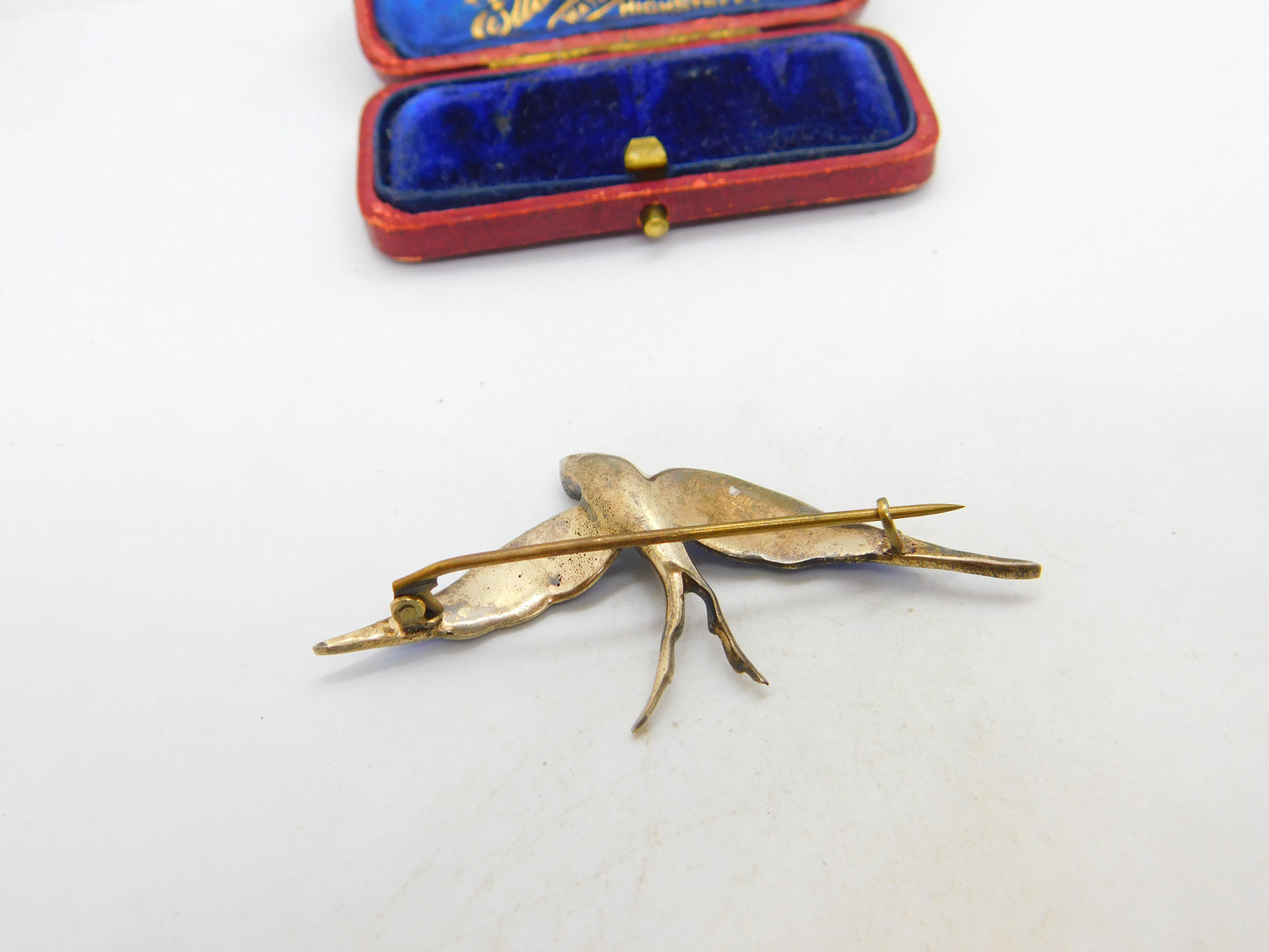 Gold on Sterling Silver, Blue Enamel Paste Set Swallow Brooch c1920 Antique