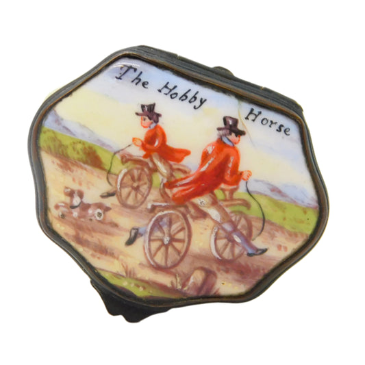 George III Bilston Enamel 'The Hobby Horse' Bicycle Patch Box Antique c1820