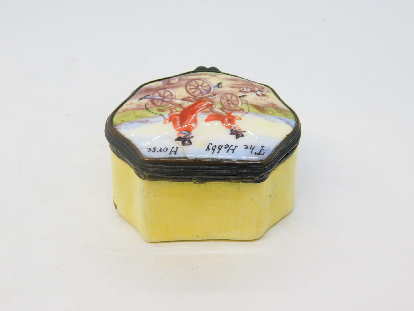 George III Bilston Enamel 'The Hobby Horse' Bicycle Patch Box Antique c1820