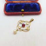 Edwardian 9ct Yellow Gold, Garnet & Pearl Drop Lavalier Pendant c1910 Antique