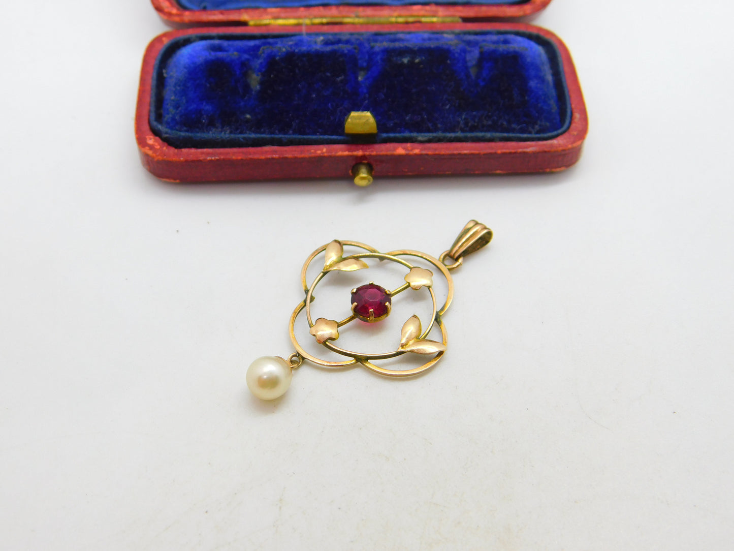 Edwardian 9ct Yellow Gold, Garnet & Pearl Drop Lavalier Pendant c1910 Antique