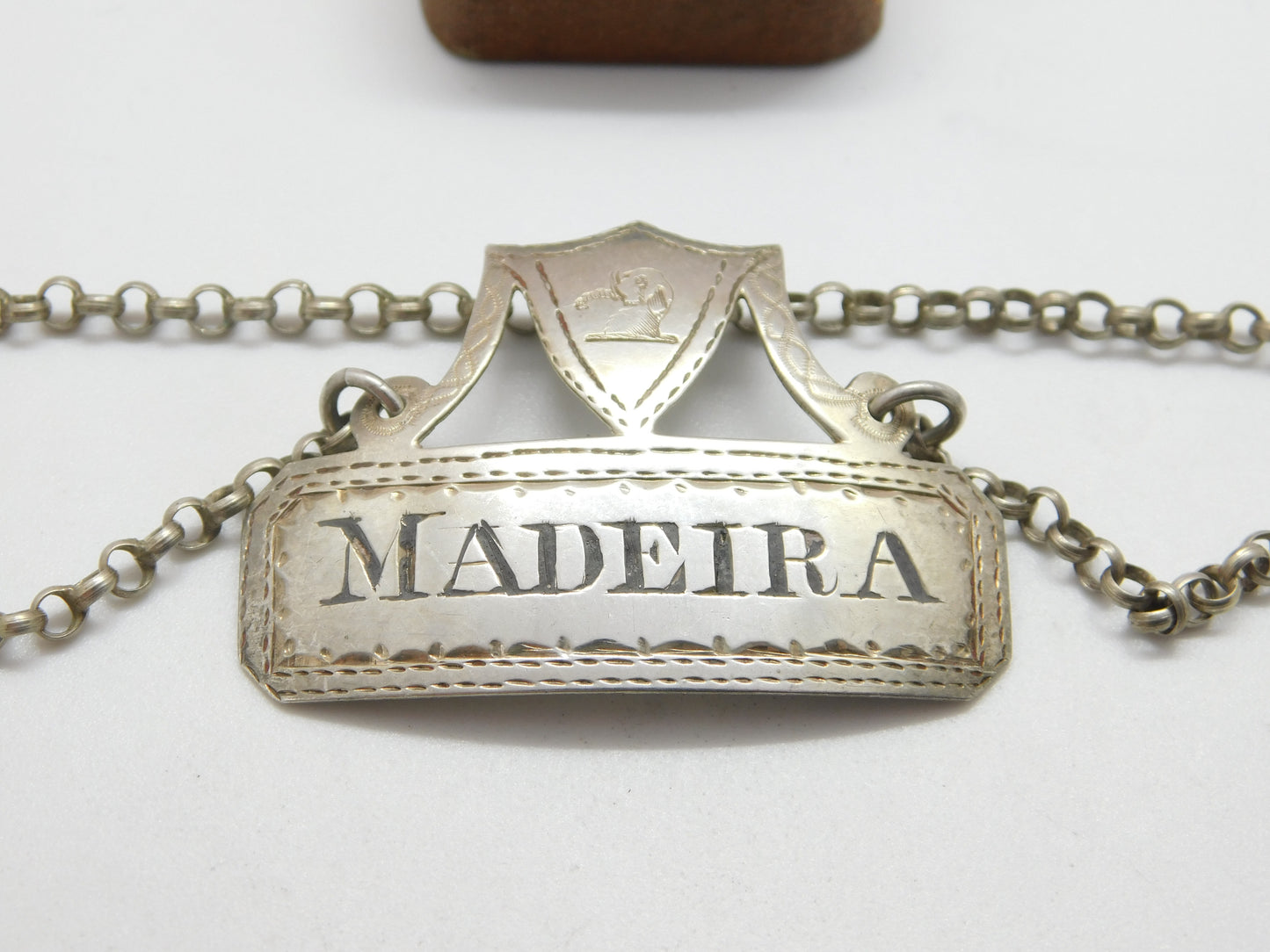 Georgian Sterling Silver 'Madeira' Decanter Label Crested c1775 London Antique