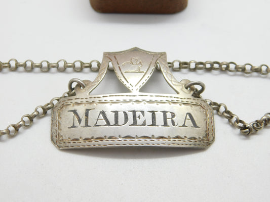 Georgian Sterling Silver 'Madeira' Decanter Label Crested c1775 London Antique