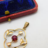 Edwardian 9ct Yellow Gold, Garnet & Pearl Drop Lavalier Pendant c1910 Antique