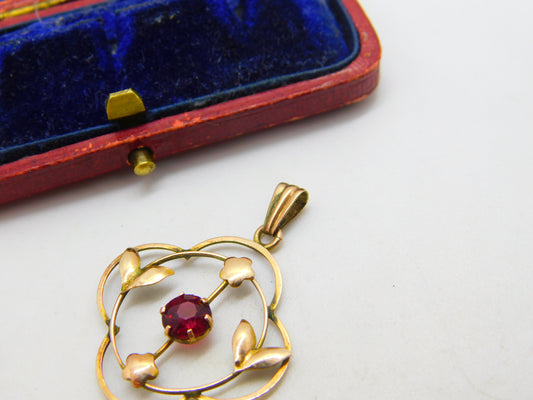 Edwardian 9ct Yellow Gold, Garnet & Pearl Drop Lavalier Pendant c1910 Antique