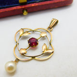 Edwardian 9ct Yellow Gold, Garnet & Pearl Drop Lavalier Pendant c1910 Antique