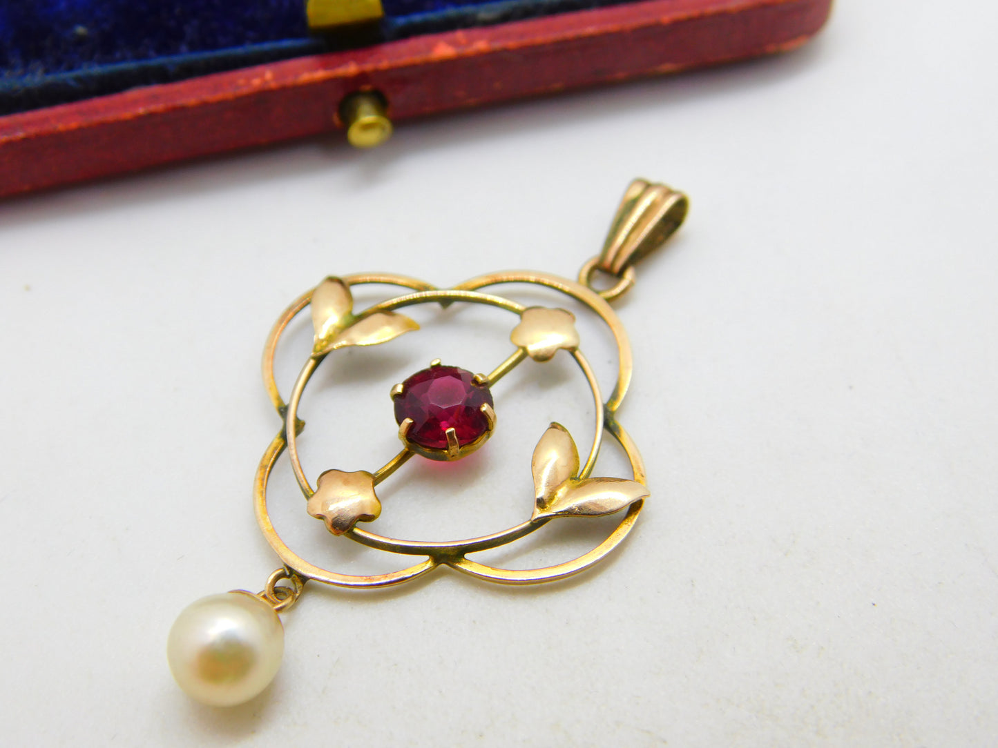 Edwardian 9ct Yellow Gold, Garnet & Pearl Drop Lavalier Pendant c1910 Antique