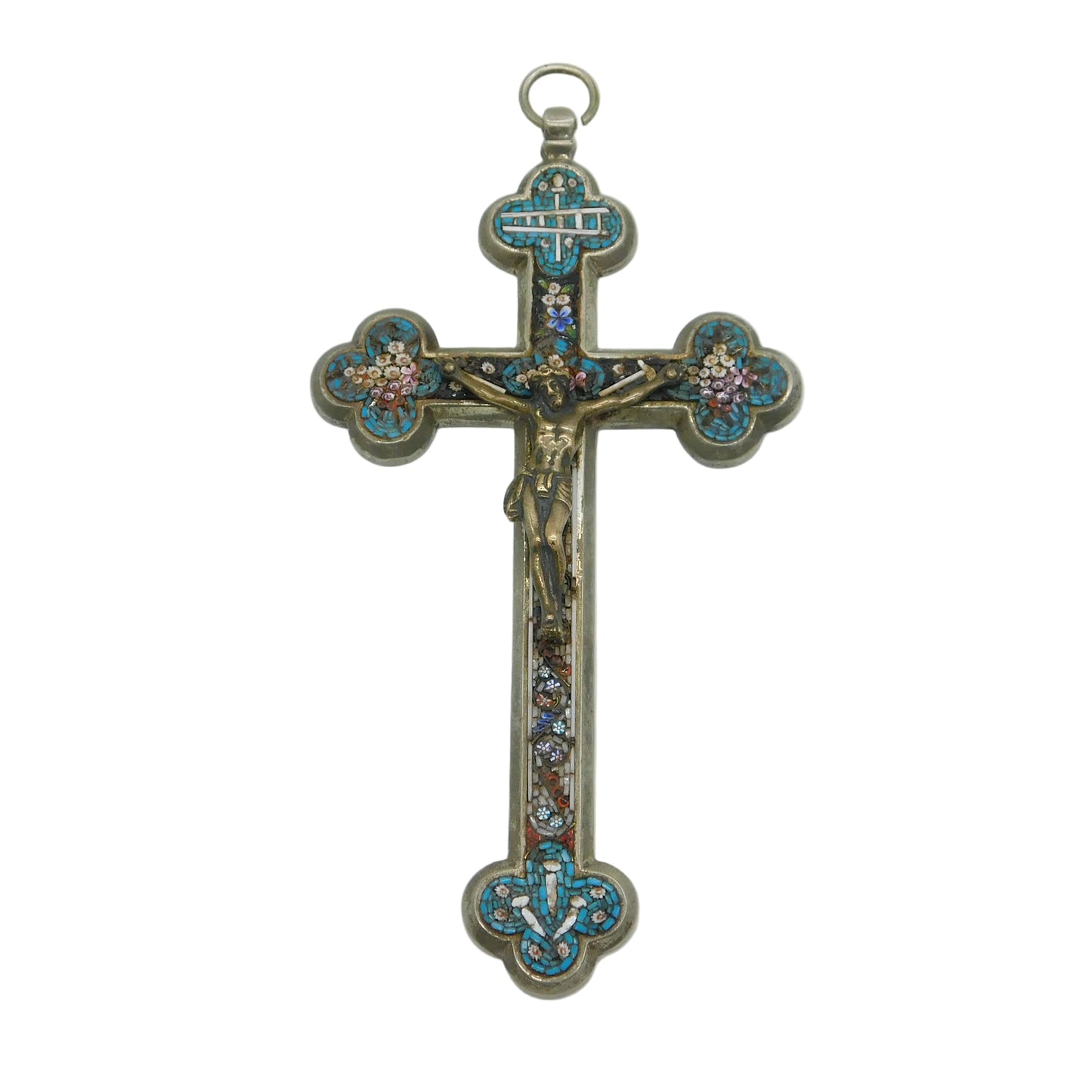 19th Century Italian Large Floral Micro-Mosaic Souvenir Cross Antique c1880