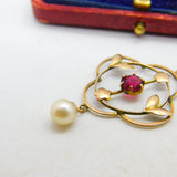 Edwardian 9ct Yellow Gold, Garnet & Pearl Drop Lavalier Pendant c1910 Antique