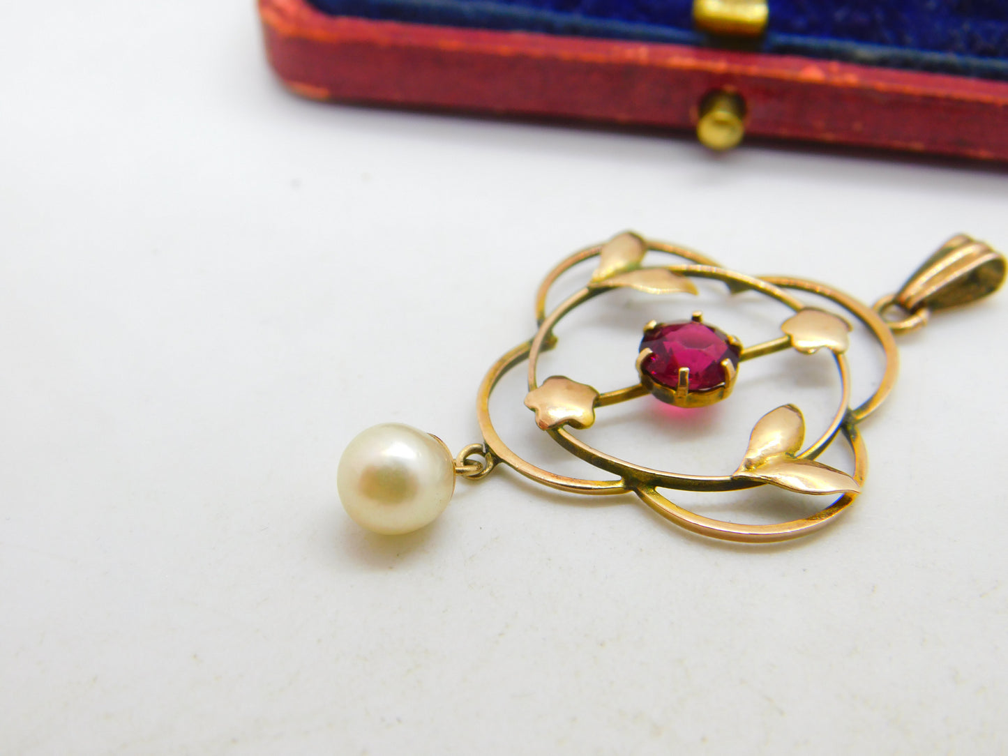 Edwardian 9ct Yellow Gold, Garnet & Pearl Drop Lavalier Pendant c1910 Antique