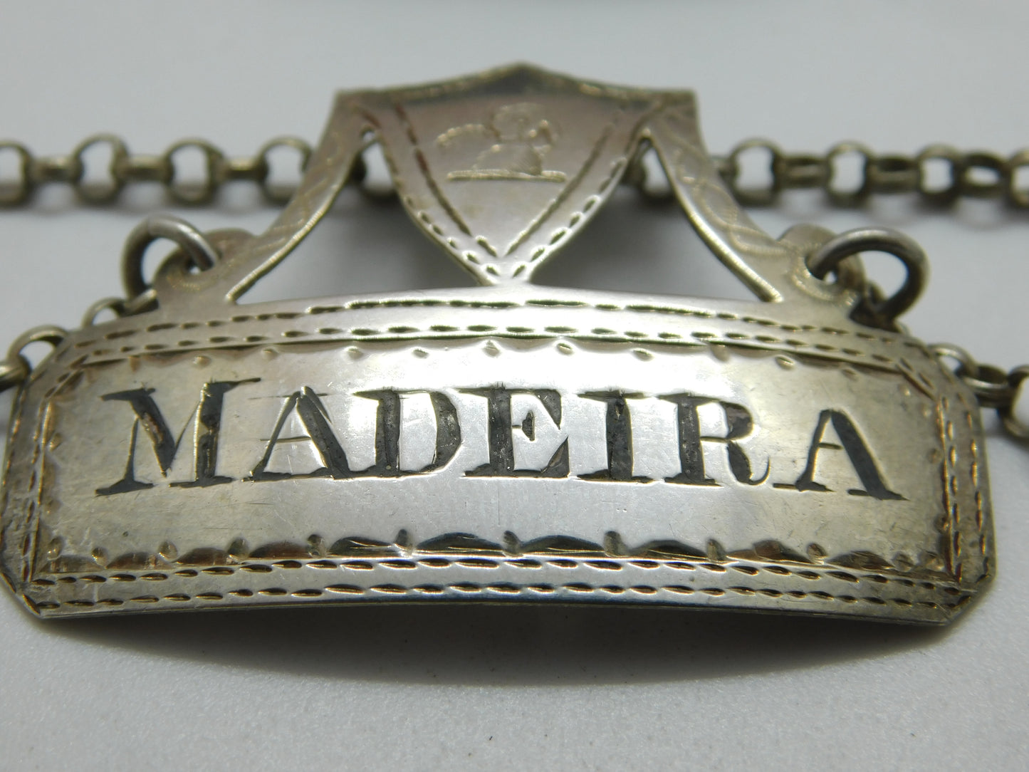 Georgian Sterling Silver 'Madeira' Decanter Label Crested c1775 London Antique