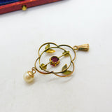 Edwardian 9ct Yellow Gold, Garnet & Pearl Drop Lavalier Pendant c1910 Antique