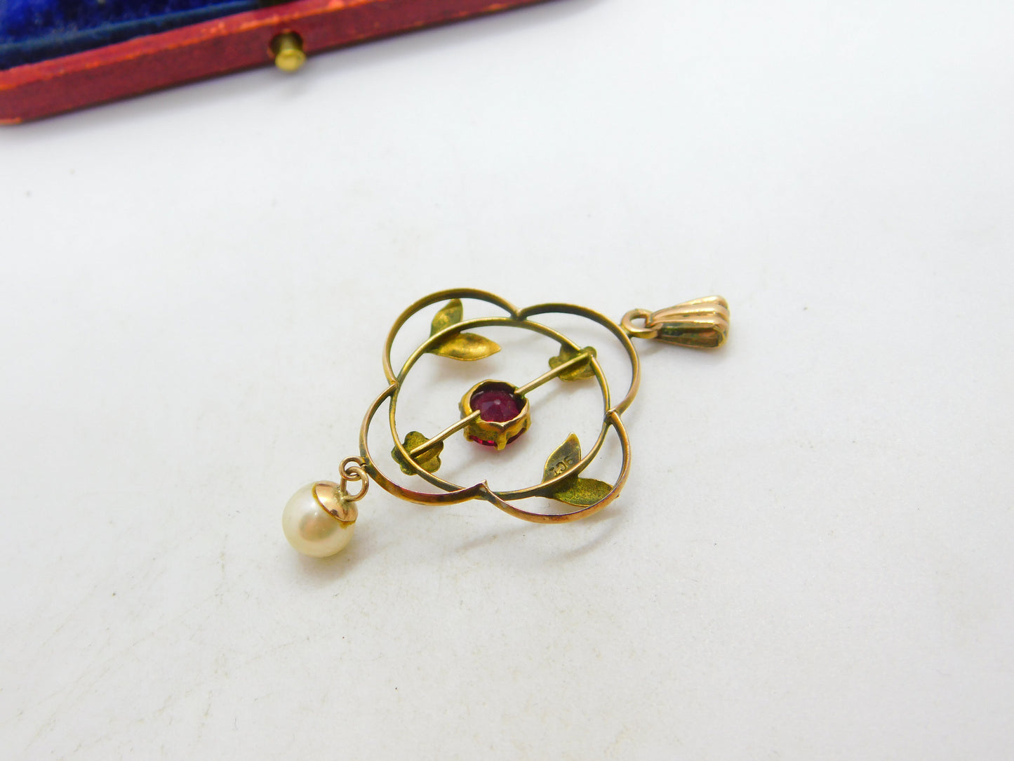 Edwardian 9ct Yellow Gold, Garnet & Pearl Drop Lavalier Pendant c1910 Antique