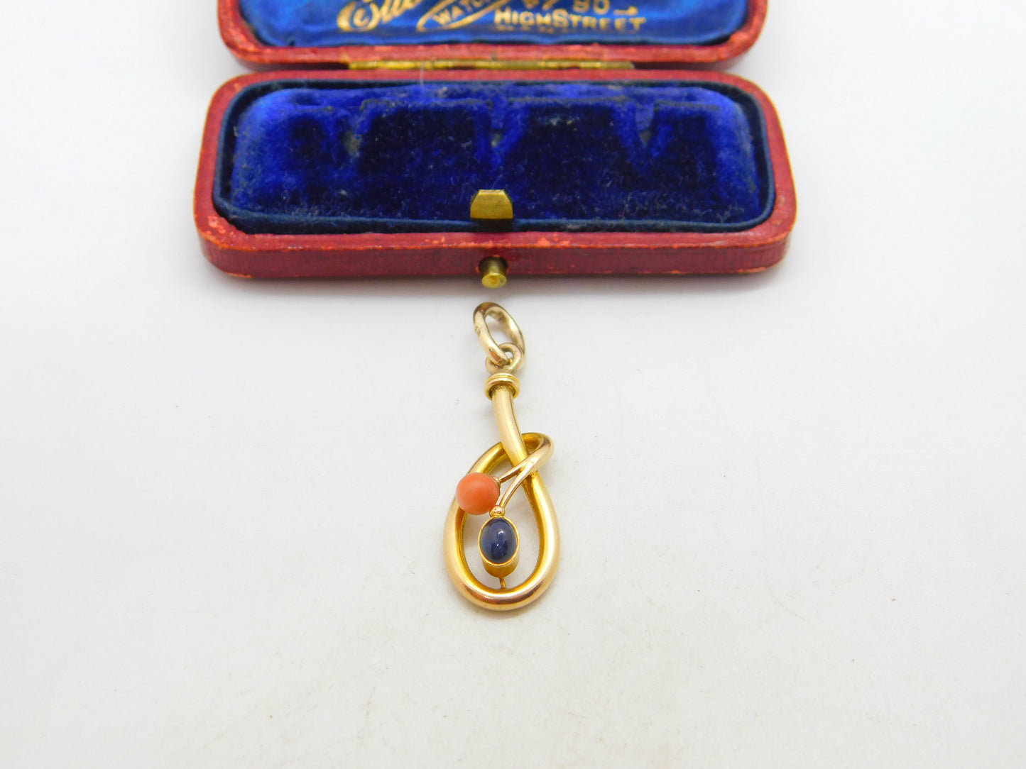 Victorian 15ct Gold, Coral & Cabochon Sapphire Art Nouveau Drop Pendant c1900