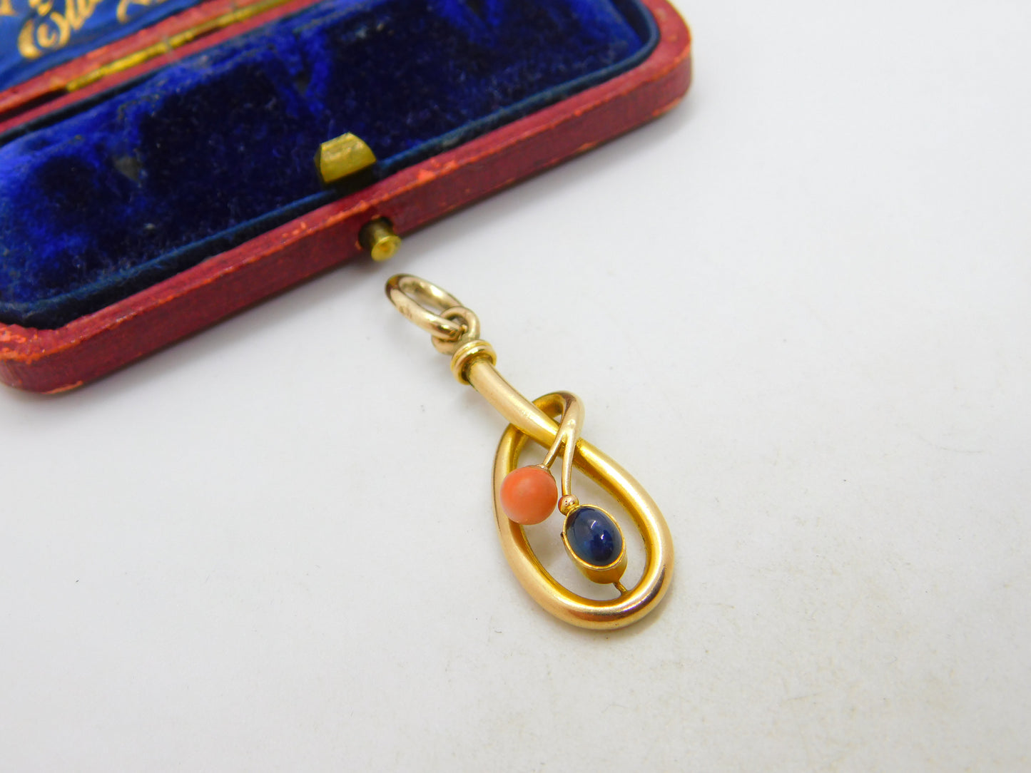 Victorian 15ct Gold, Coral & Cabochon Sapphire Art Nouveau Drop Pendant c1900