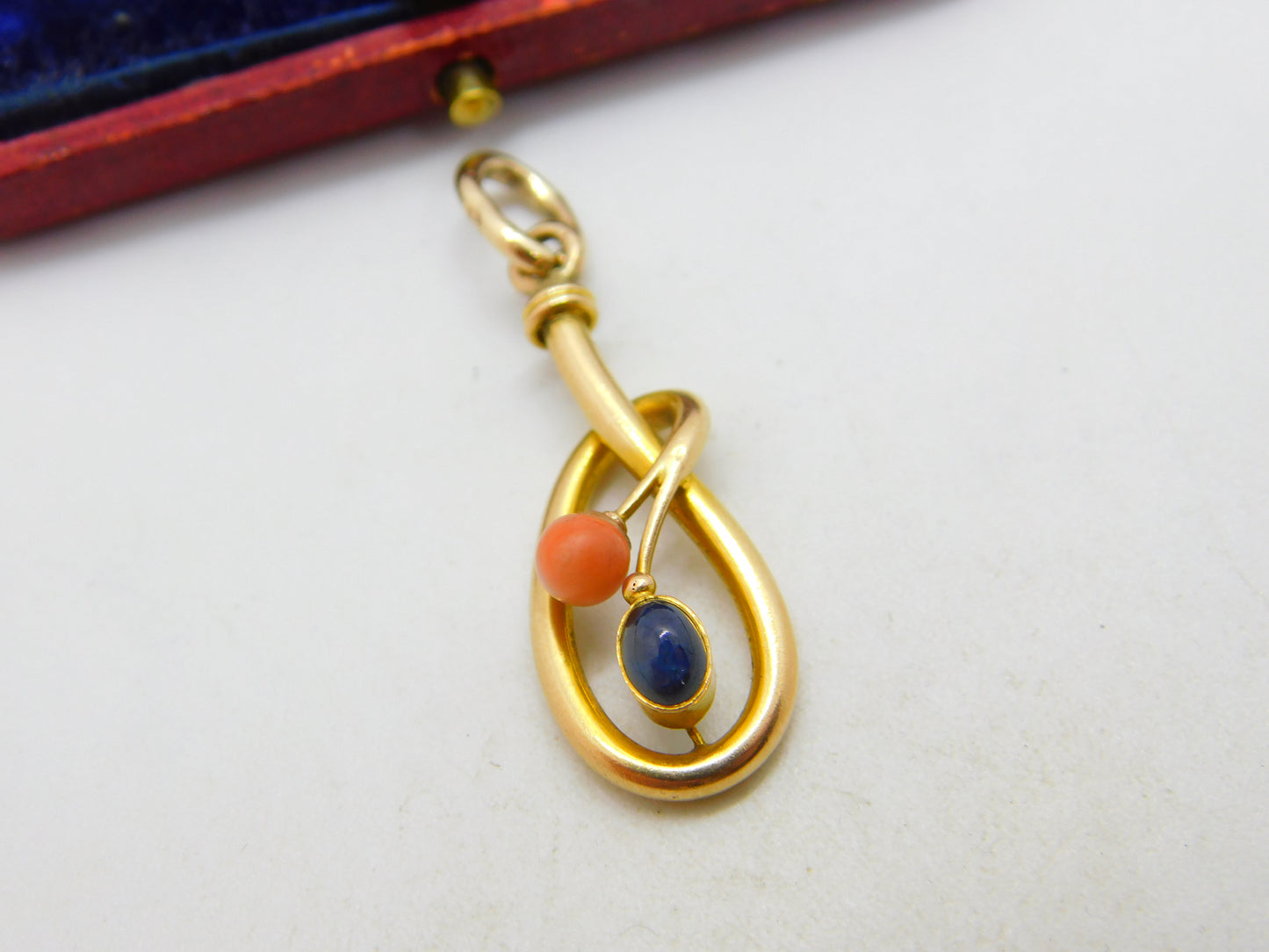 Victorian 15ct Gold, Coral & Cabochon Sapphire Art Nouveau Drop Pendant c1900