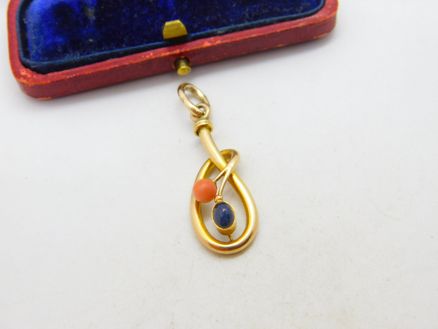 Victorian 15ct Gold, Coral & Cabochon Sapphire Art Nouveau Drop Pendant c1900