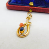 Victorian 15ct Gold, Coral & Cabochon Sapphire Art Nouveau Drop Pendant c1900