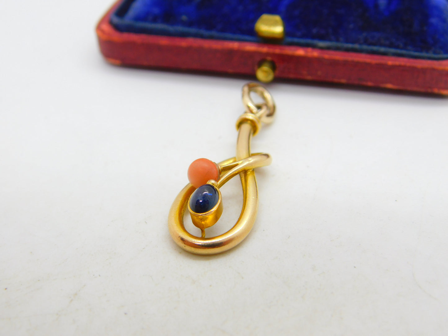 Victorian 15ct Gold, Coral & Cabochon Sapphire Art Nouveau Drop Pendant c1900