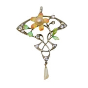 French 19th Century, Sterling Silver, Paste, Enamel, Pearl Floral Pendant c1880