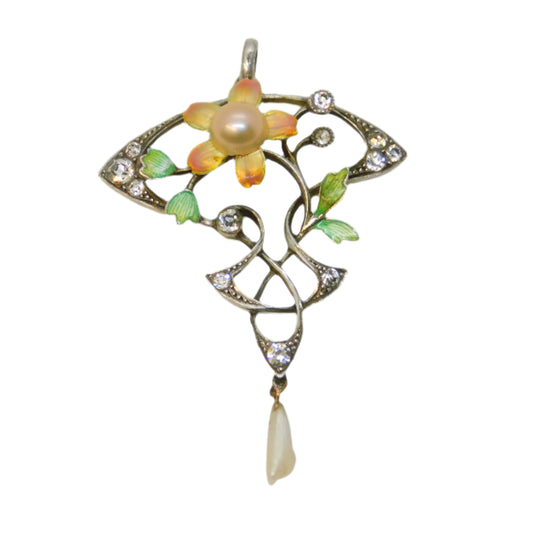 French 19th Century, Sterling Silver, Paste, Enamel, Pearl Floral Pendant c1880