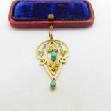 Edwardian 9ct Gold, Turquoise & Seed Pearl Lavalier Drop Pendant c1910 Antique