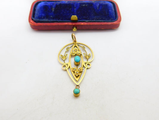 Edwardian 9ct Gold, Turquoise & Seed Pearl Lavalier Drop Pendant c1910 Antique