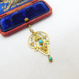 Edwardian 9ct Gold, Turquoise & Seed Pearl Lavalier Drop Pendant c1910 Antique
