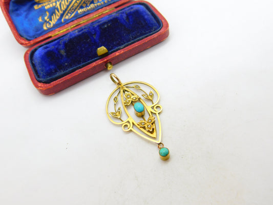 Edwardian 9ct Gold, Turquoise & Seed Pearl Lavalier Drop Pendant c1910 Antique