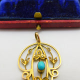 Edwardian 9ct Gold, Turquoise & Seed Pearl Lavalier Drop Pendant c1910 Antique