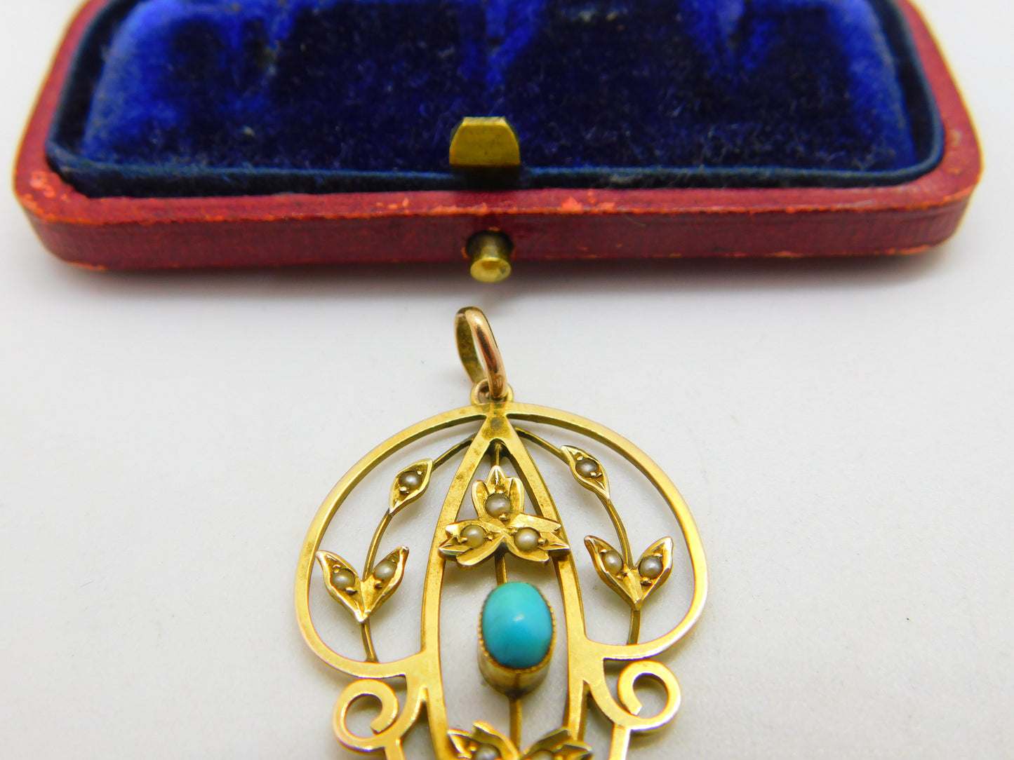 Edwardian 9ct Gold, Turquoise & Seed Pearl Lavalier Drop Pendant c1910 Antique